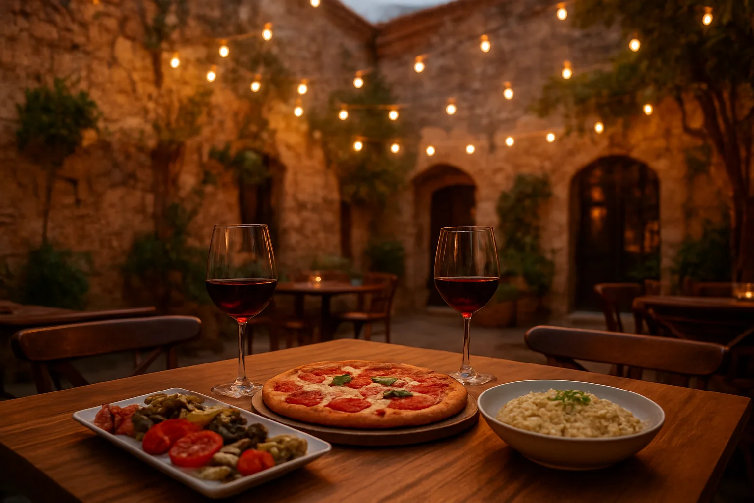Antalya Kaleiçi’nde tarihi taş konak avlusunda taş fırın pizza ve şarap eşleşmesi