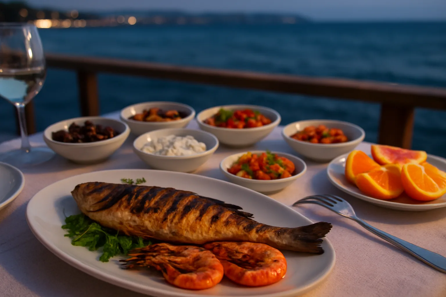 Antalya'da deniz kenarında ızgara balık, karides, soğuk mezeler ve narenciye ile akşam sofrası