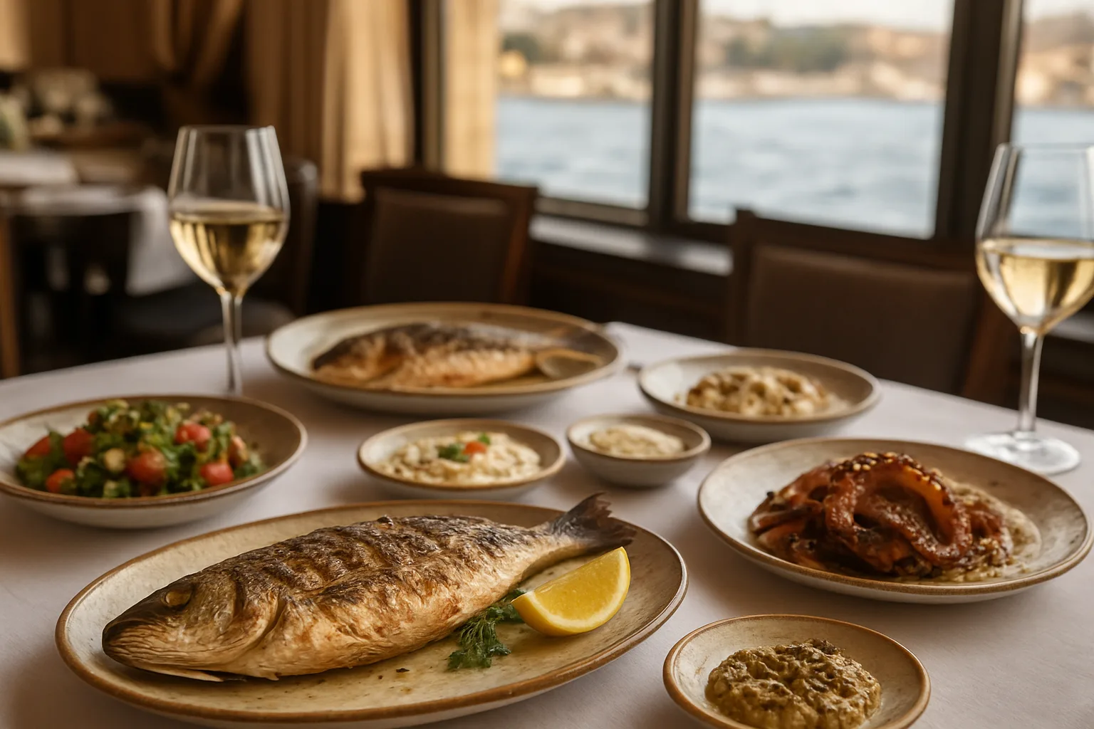 Ataşehir'de balık restoranlarını temsil eden mevsim balığı, ahtapot ve meze sofrası