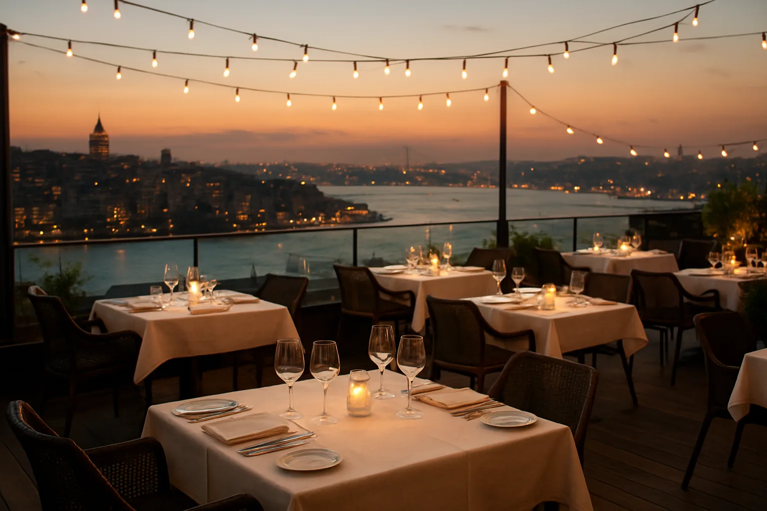 Beyoğlu ve Boğaz hattındaki rooftop restoranlarında akşam aydınlatması ve panoramik şehir manzarası