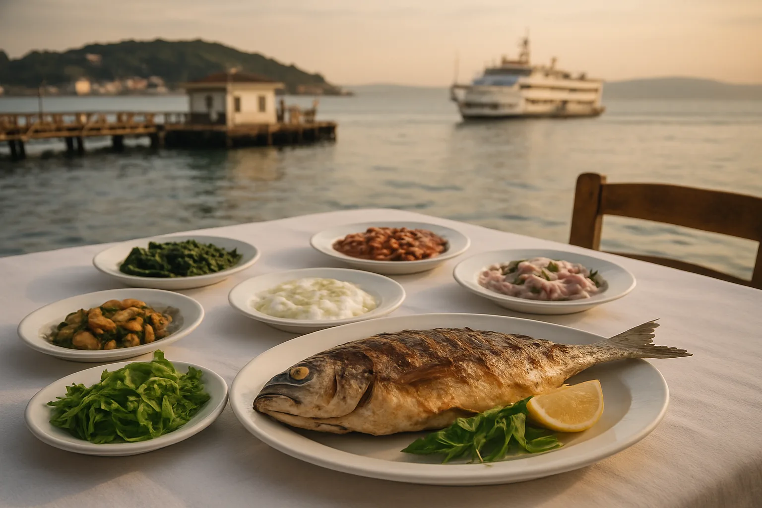 Burgazada sahilinde ızgara balık, roka, limon ve meze tabaklarıyla ada sofrası