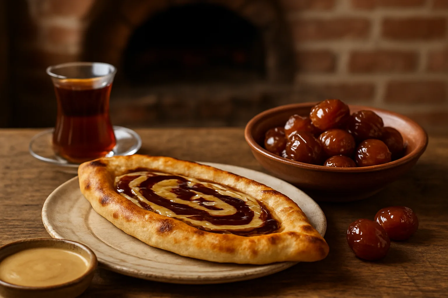 Bursa tahinli pidesi, kestane şekeri ve çaydan oluşan geleneksel tatlı masası