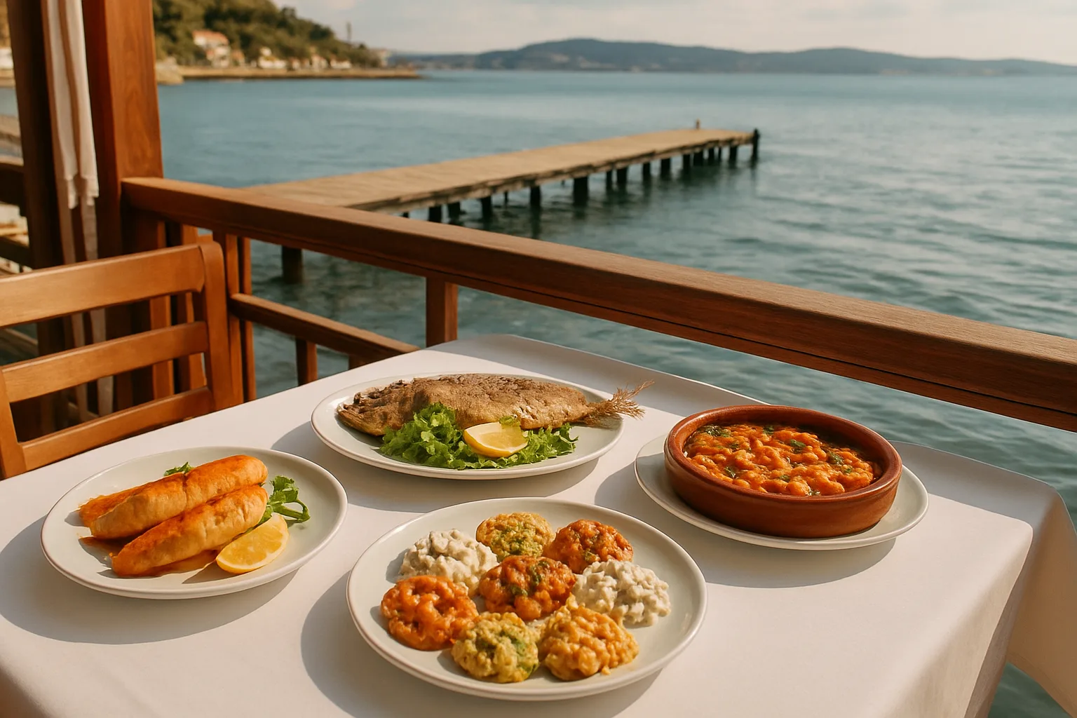 Büyükada Nizam ve Maden sahilinde deniz sıfır iskele terasında Ege mezeleri ve taze balık sunumu
