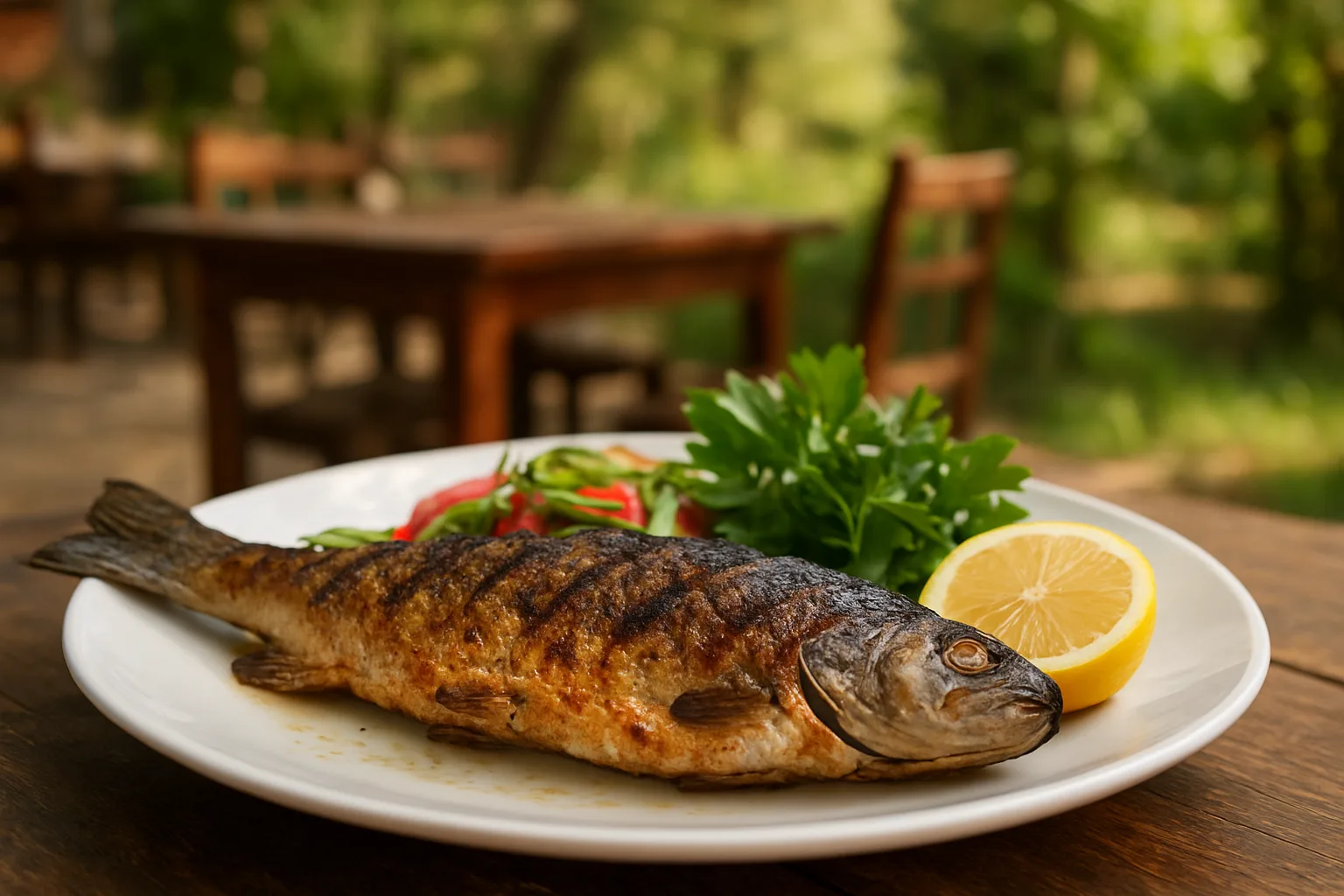 Denizli kırsalında limon ve yeşilliklerle servis edilen ızgara alabalık