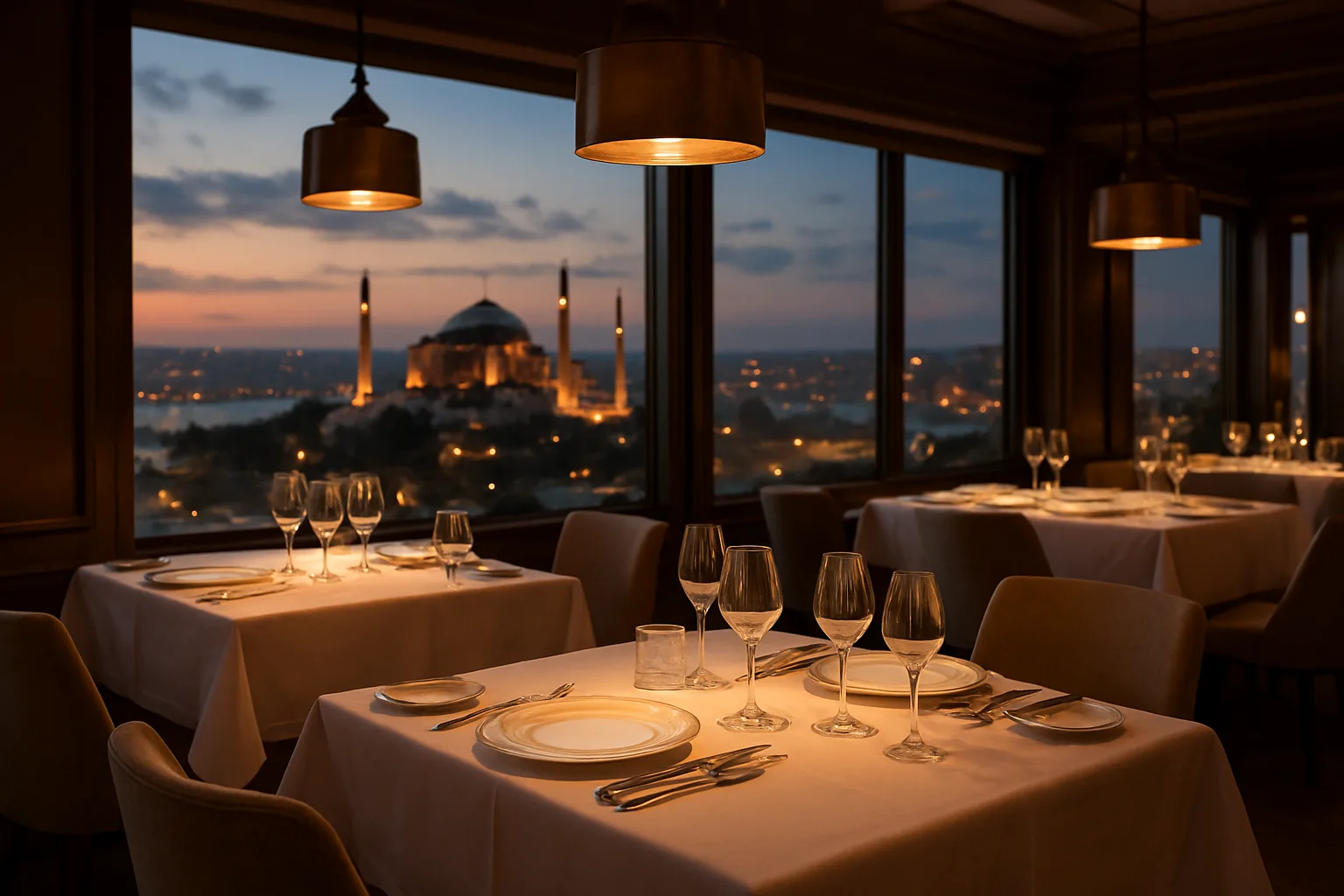 Fine dining restoranlarında beyaz örtülü masalar, kristal kadehler ve şık akşam yemeği ambiyansı