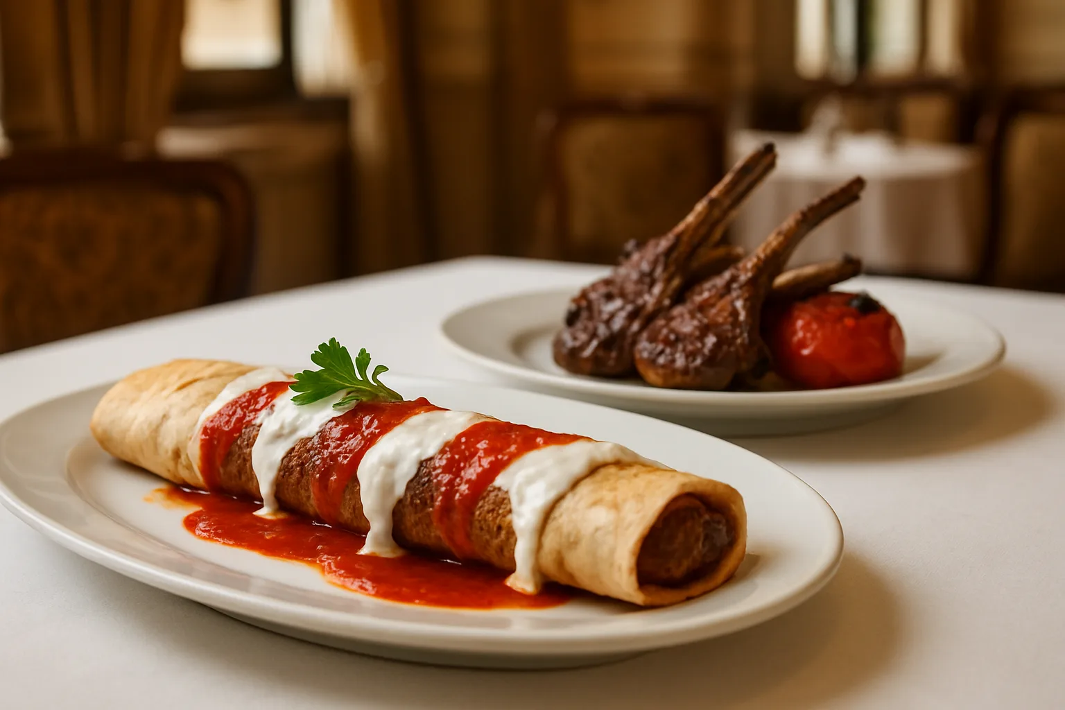 Florya'da köklü bir restoranda servis edilen Beyti kebabı ve kuzu pirzola tabağı