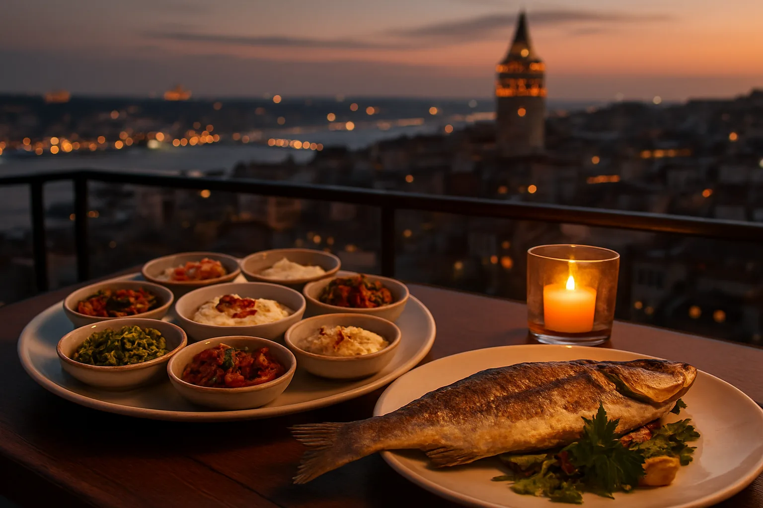 İstanbul teras ve rooftop restoranları sofrasında Haliç manzarasına karşı deniz ürünleri ve meze sunumu