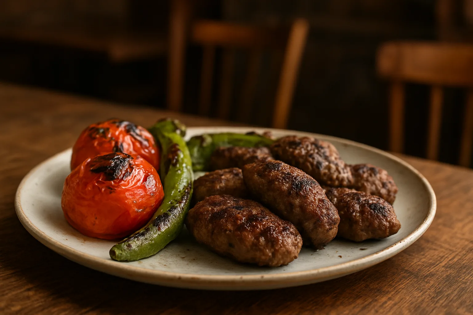 Kömür ateşinde pişen köfteler ile közlenmiş biber ve domates