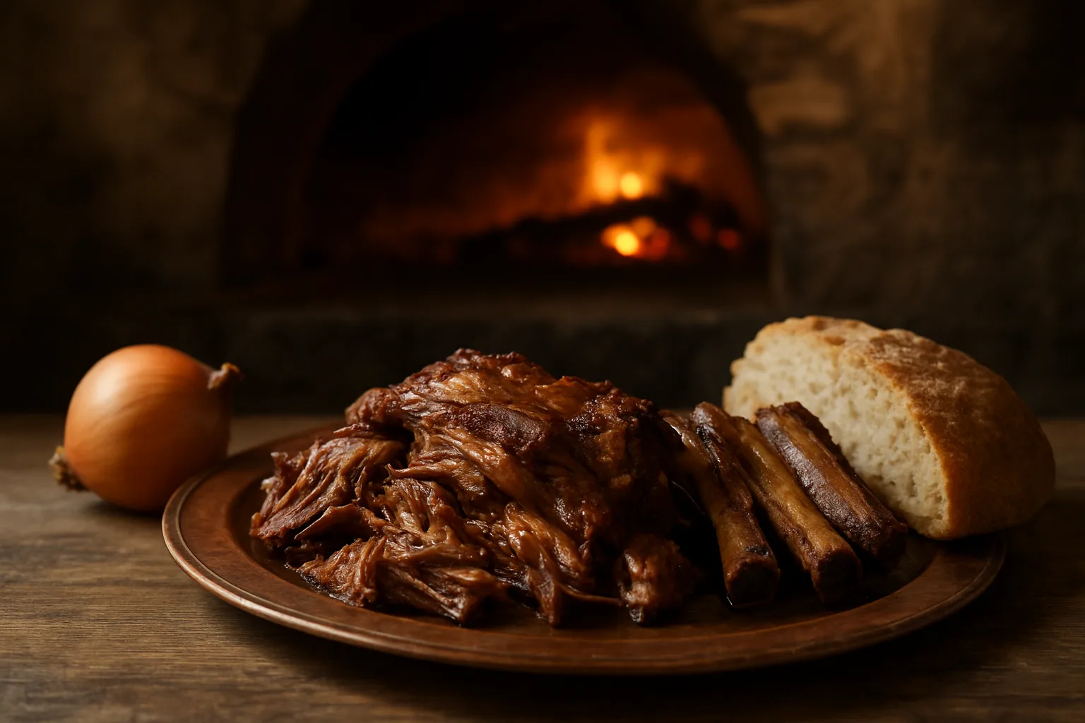 Konya usulü ağır pişmiş fırın kebabı, ekmek ve kuru soğanla sade servis
