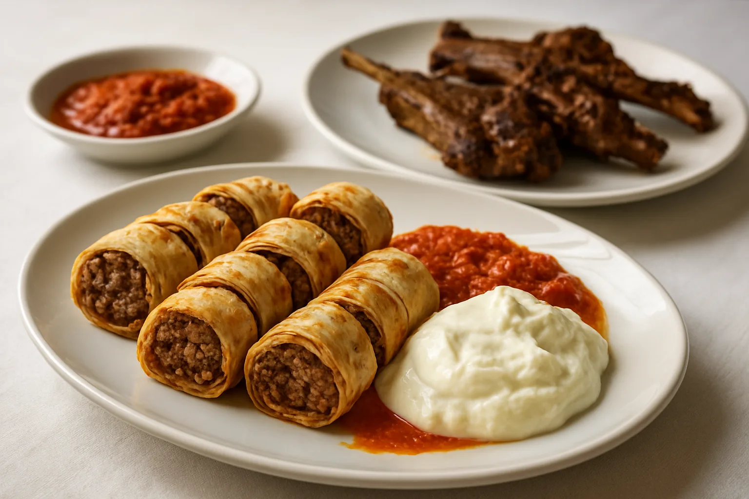 Lavaşa sarılı Beyti kebabı, süzme yoğurt ve kuzu pirzola tabağı