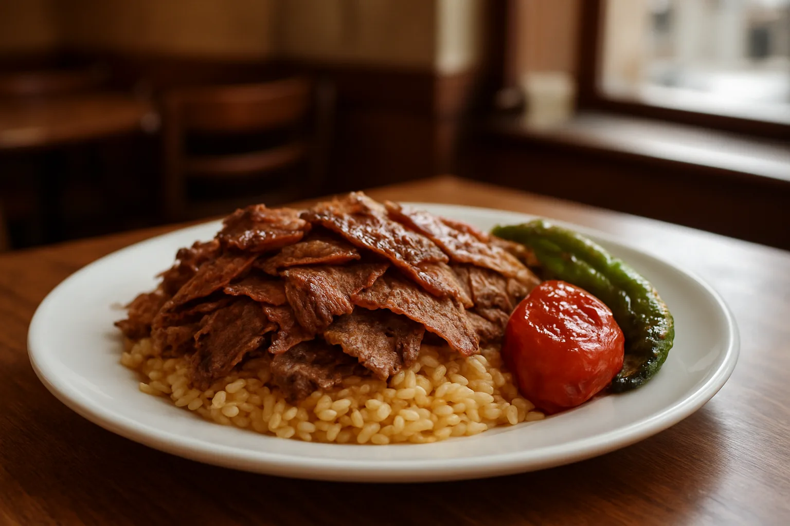 Odun ateşinde pişmiş ince kesim Kastamonu ve Yenibosna usulü yaprak döner ve tereyağlı pilav