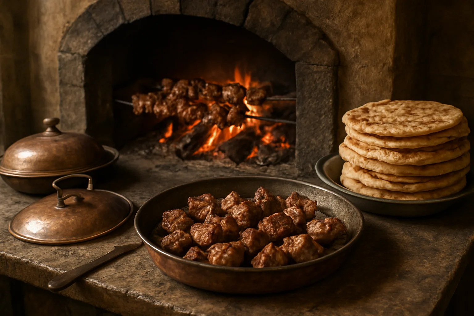 Odun fırınında pişen Denizli kebabı ve bakır tavalarla geleneksel kebap hazırlığı
