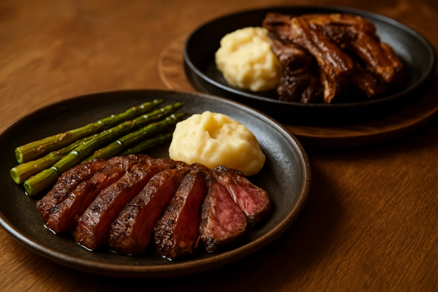 Orta-az pişmiş dilimlenmiş Dallas steak ve ağır ateşte pişmiş kuzu kaburga