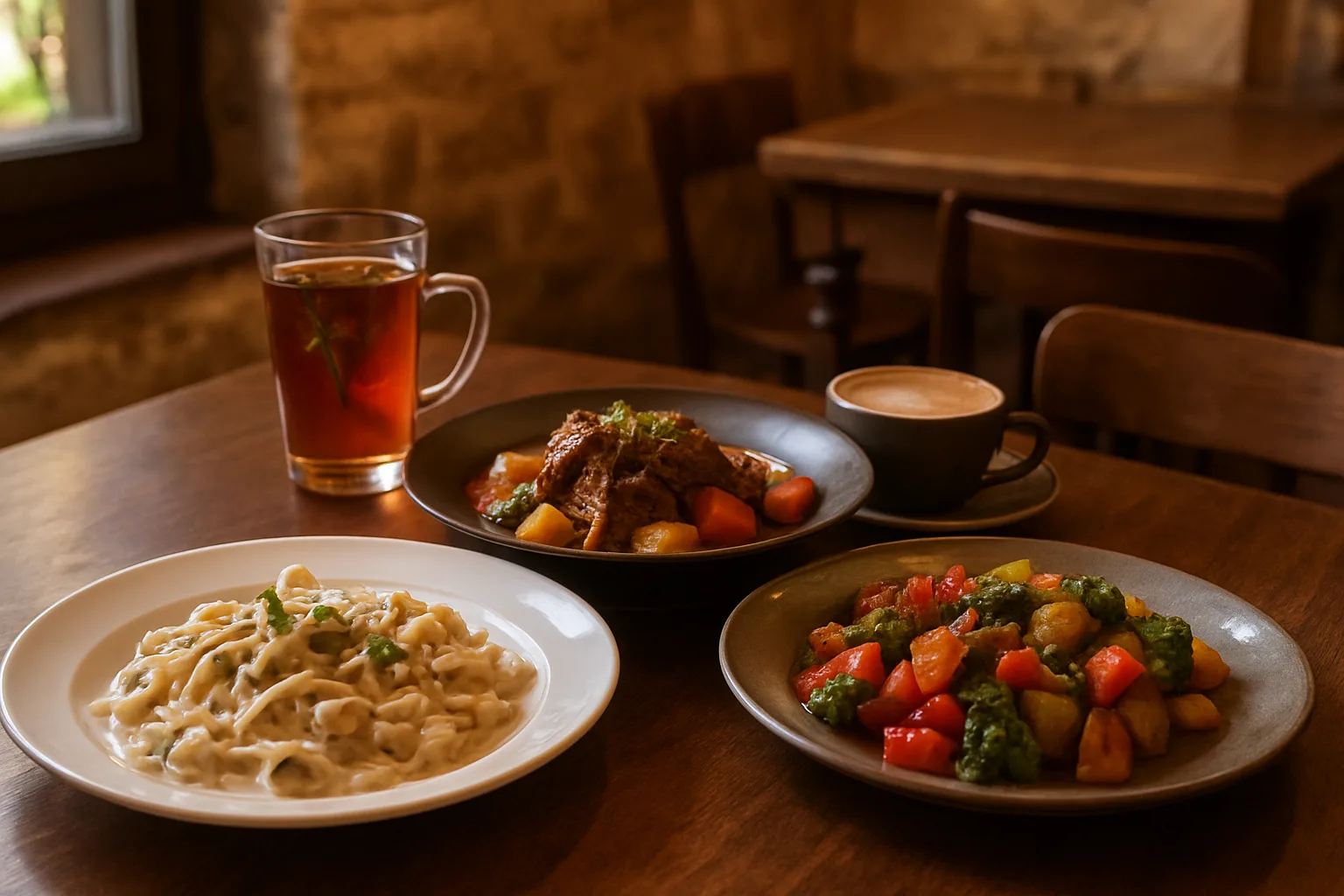 Pamukkale’de rezervasyonlu butik aile restoranında özenle hazırlanan et, makarna ve kahve sunumu