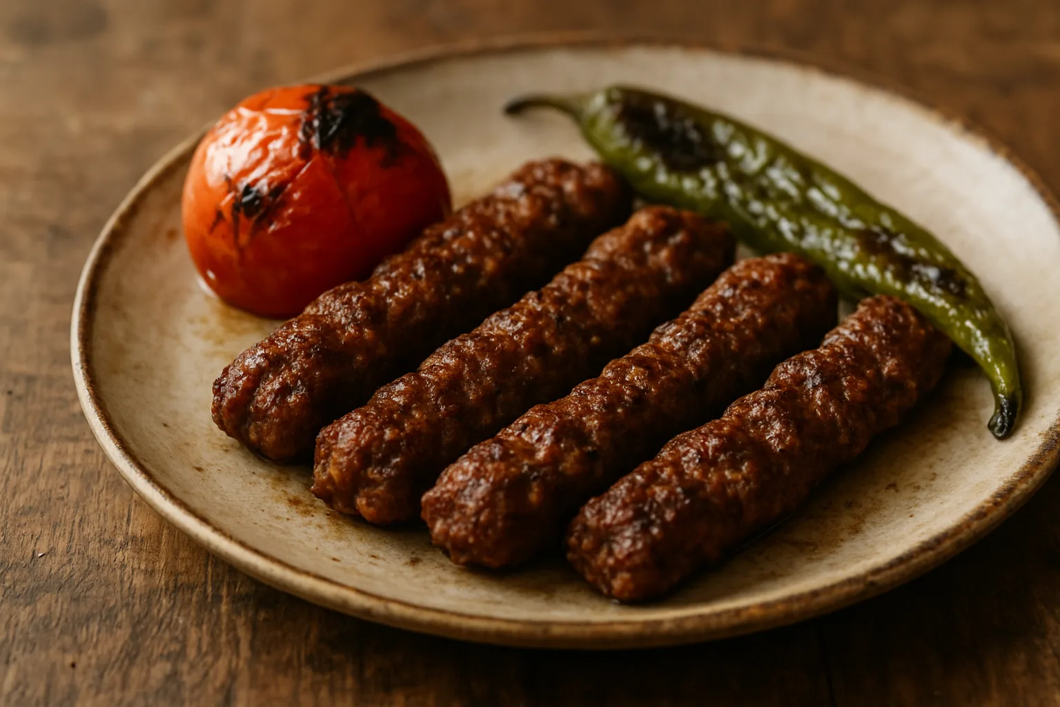 Parmak biçimli ızgara köfteler ile köz domates ve biber