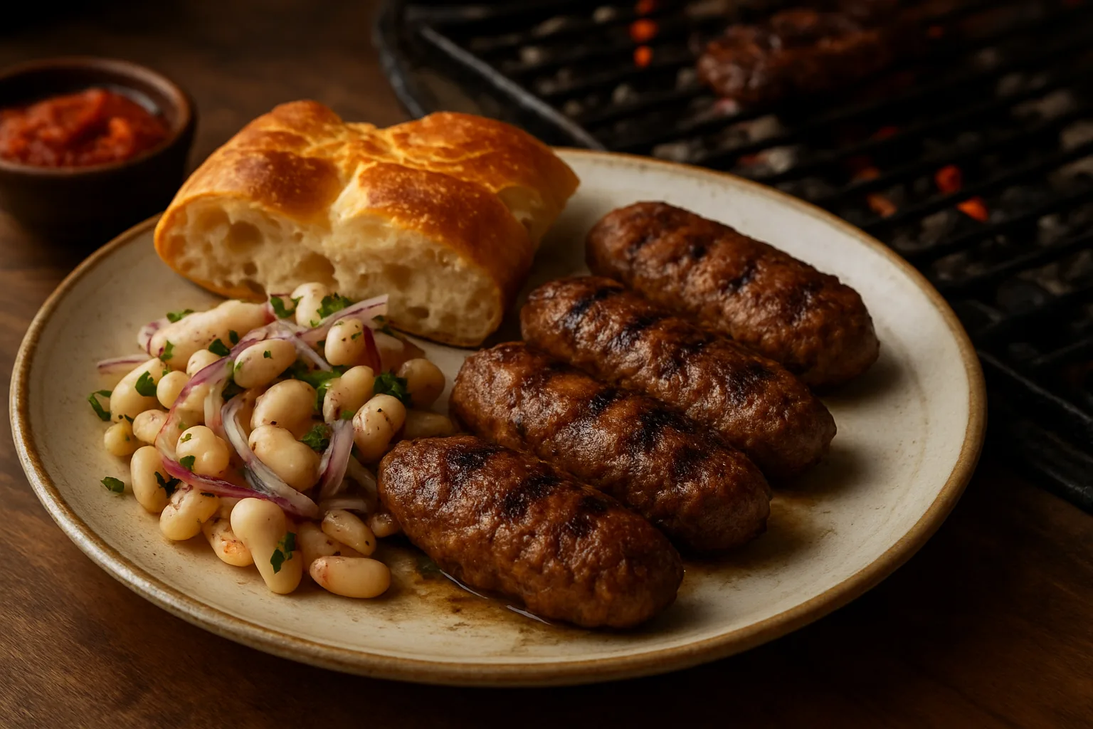 Piyaz ve ekmek eşliğinde servis edilen geleneksel ızgara köfte
