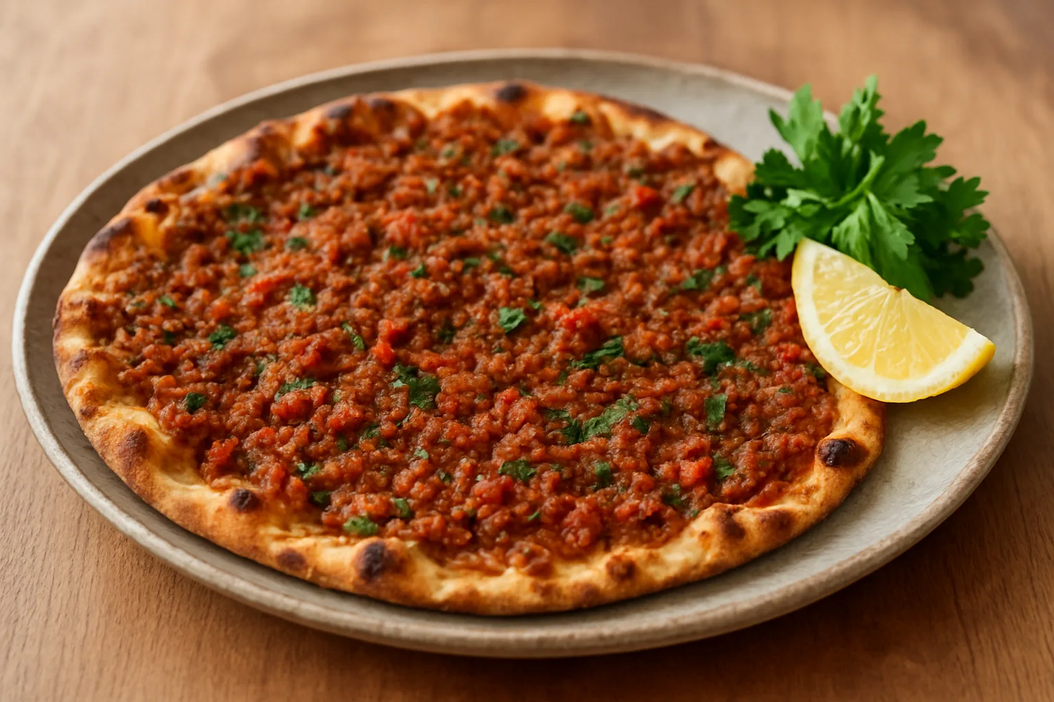 Taş fırından çıkan ince lahmacun, limon ve yeşilliklerle servis