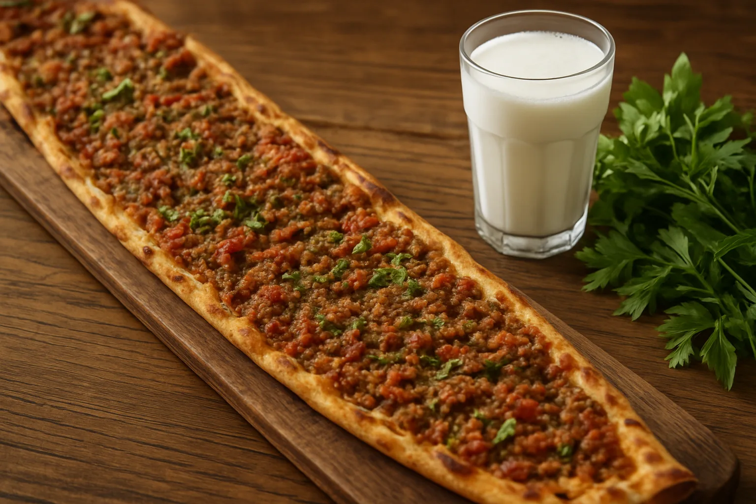 Taş fırından yeni çıkmış ince ve uzun Konya etliekmek, ayran ve yeşilliklerle servis