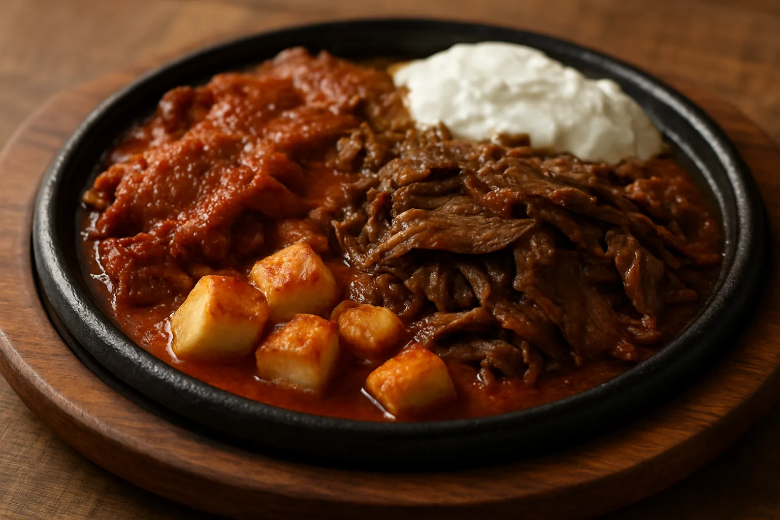 Tereyağlı ve yoğurtlu geleneksel İskender kebabı ve ince kesim yaprak döner tabağı