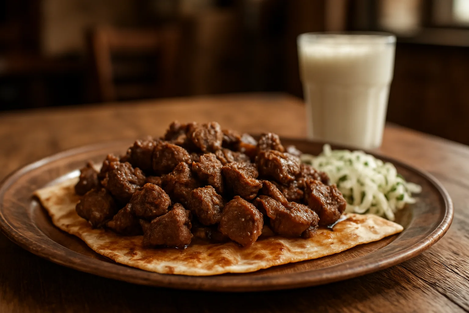 Tırnak pide üzerinde servis edilen Konya fırın kebabı ve köpüklü ayran