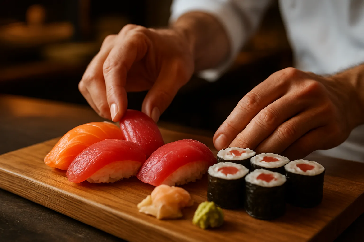 Uzak Doğu ve Asya mutfağı restoranları sushi barında taze somon ve orkinos ile hazırlanan nigiri ve roll tabağı