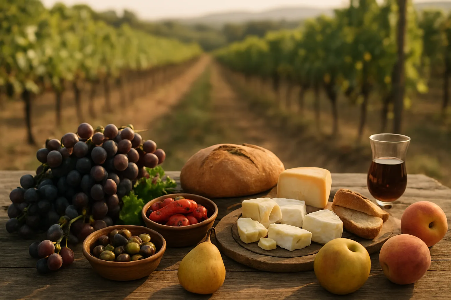 Üzüm bağlarına bakan masada peynir, zeytin, ekmek, biber ve mevsim meyveleriyle bağ pikniği